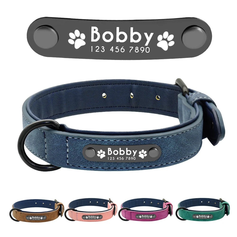 Personalized Leather Dog Collar: Custom Engraved Name ID Tag for Small, Medium & Large Dogs