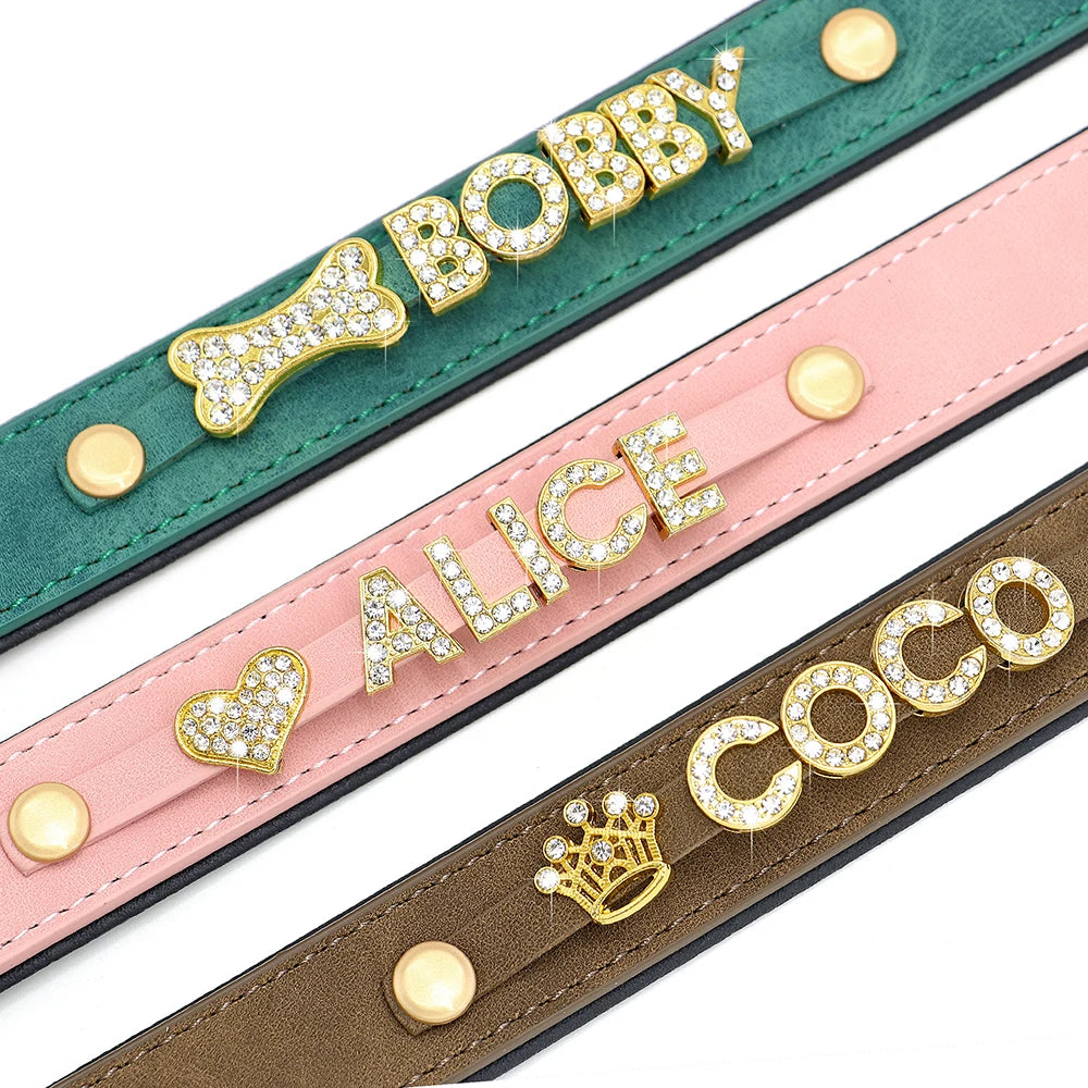 Custom Rhinestone Leather Dog Collar with Personalized Charm