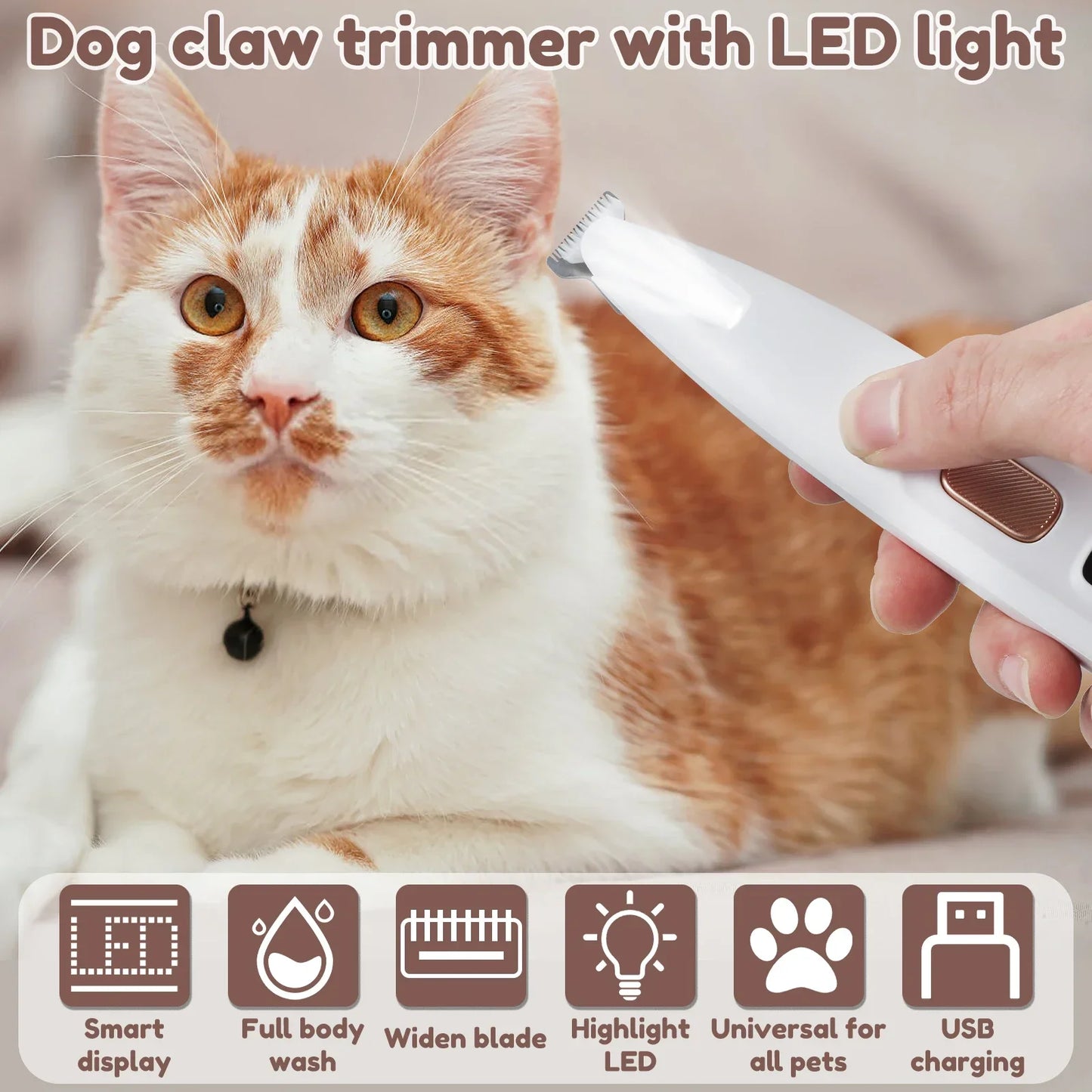 Waterproof Dog Paw Trimmer with LED Light & Wide Blade