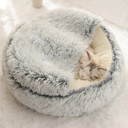 Round Plush Hooded Cat Bed: Cozy Anti-Anxiety Pet Cave