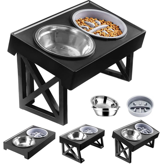 Elevated Dog Bowls with Adjustable Height & Slow Feeder - Stainless Steel