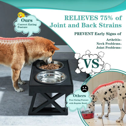 Elevated Dog Bowls with Adjustable Height & Slow Feeder - Stainless Steel