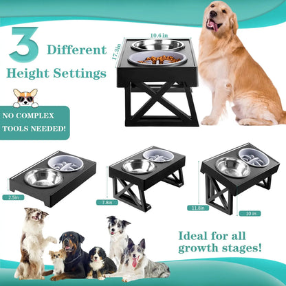 Elevated Dog Bowls with Adjustable Height & Slow Feeder - Stainless Steel