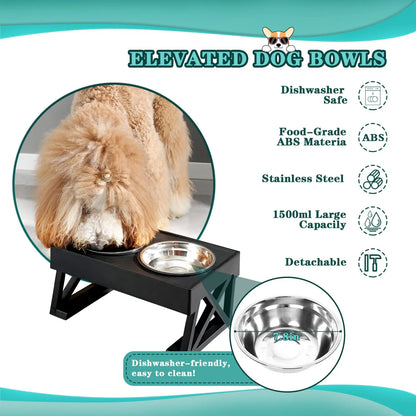 Elevated Dog Bowls with Adjustable Height & Slow Feeder - Stainless Steel