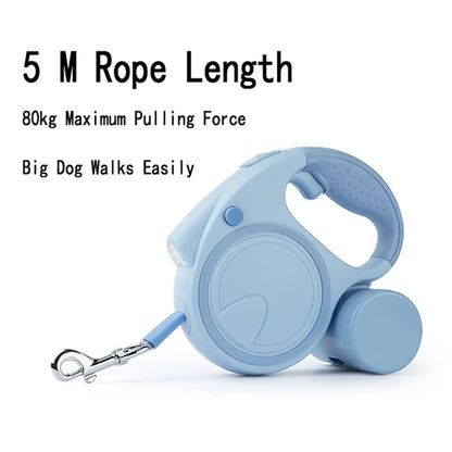 5M Retractable Dog Leash with LED Lights & Waste Bag Dispenser