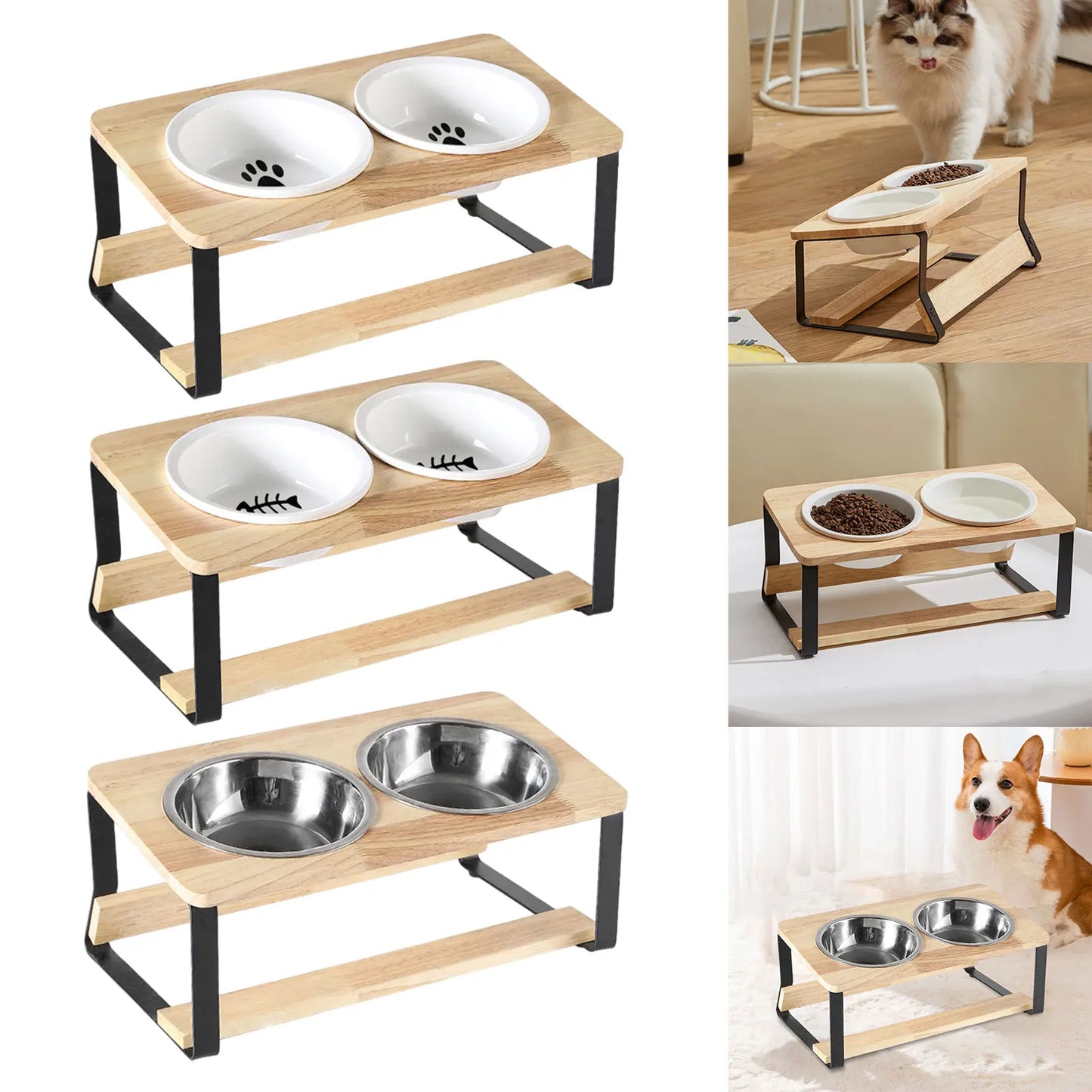 Elevated Cat Bowls with Bamboo Stand - Lightweight & Easy to Clean