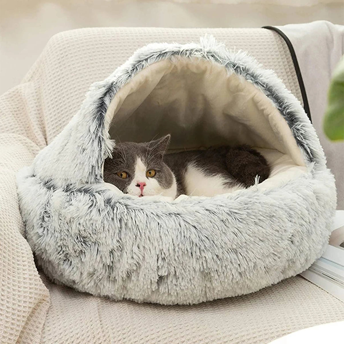 Round Plush Hooded Cat Bed: Cozy Anti-Anxiety Pet Cave